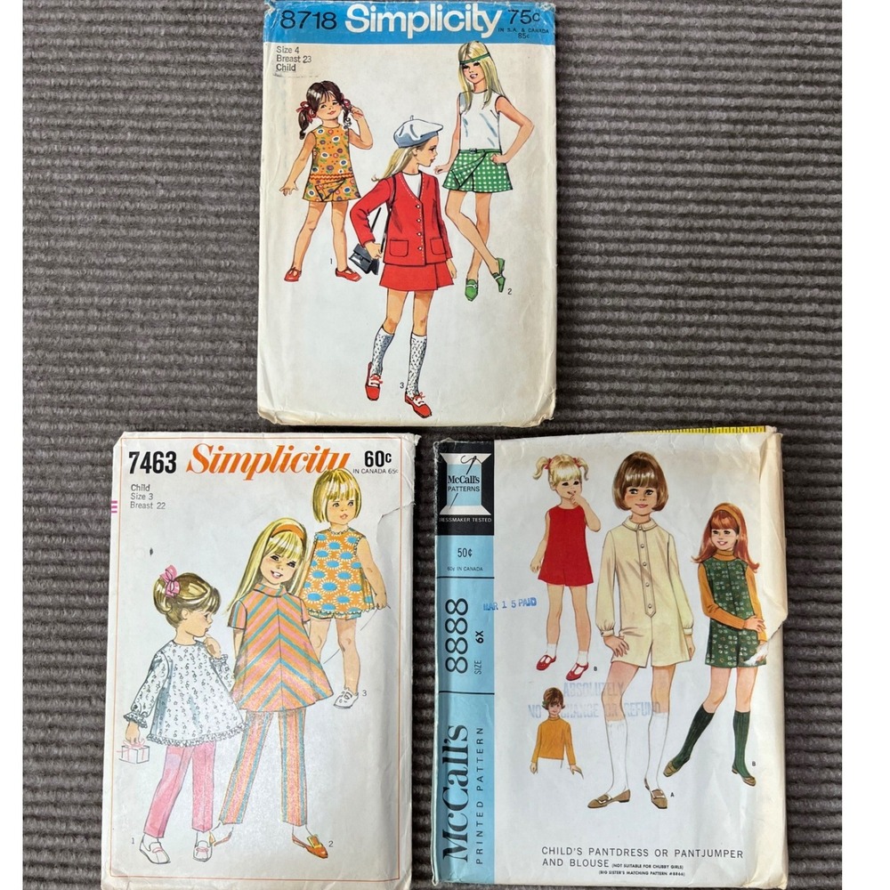 Vintage 1960s 70s Sewing Pattern Lot Simplicity 8718 7463 McCall's 8888 Mod Kids